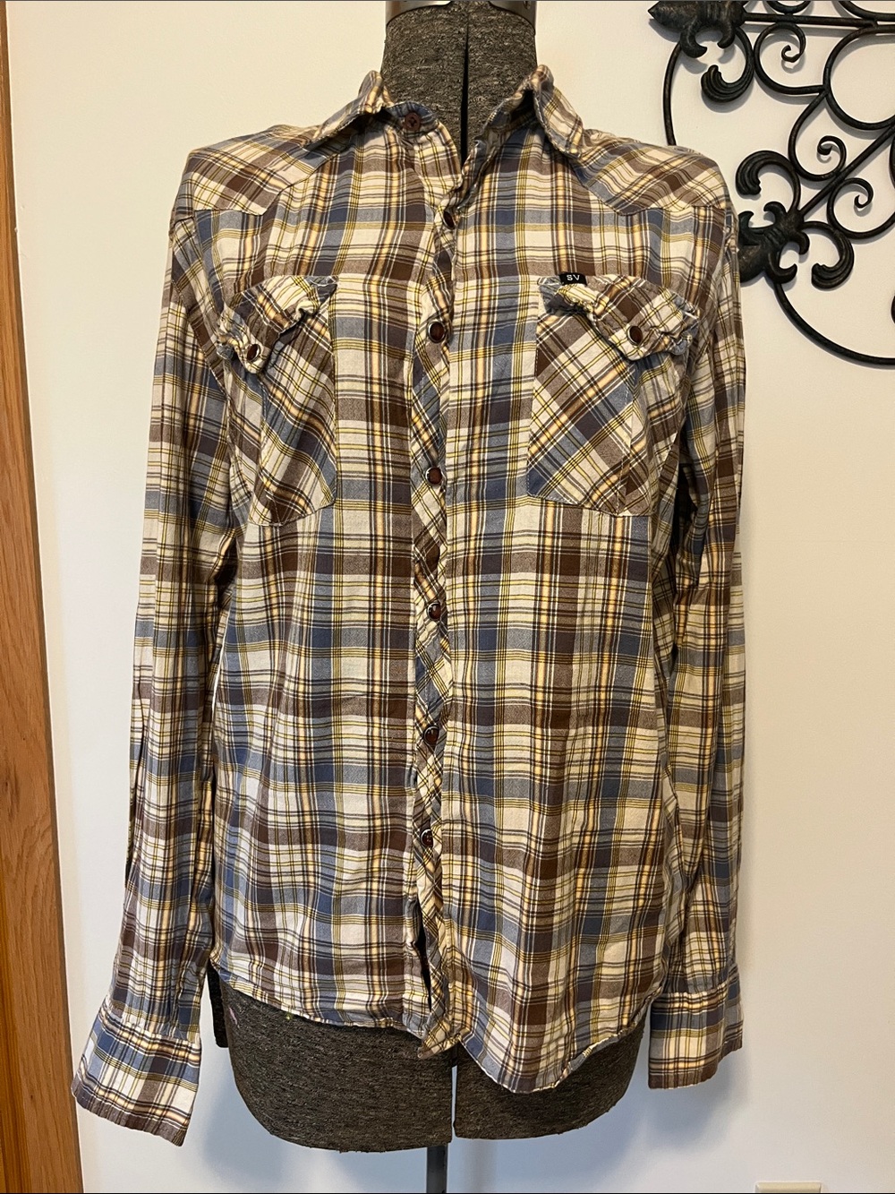 Salt Valley Western 100% cotton Plaid Button-Down Shirt in Brown, Blue & Cream M